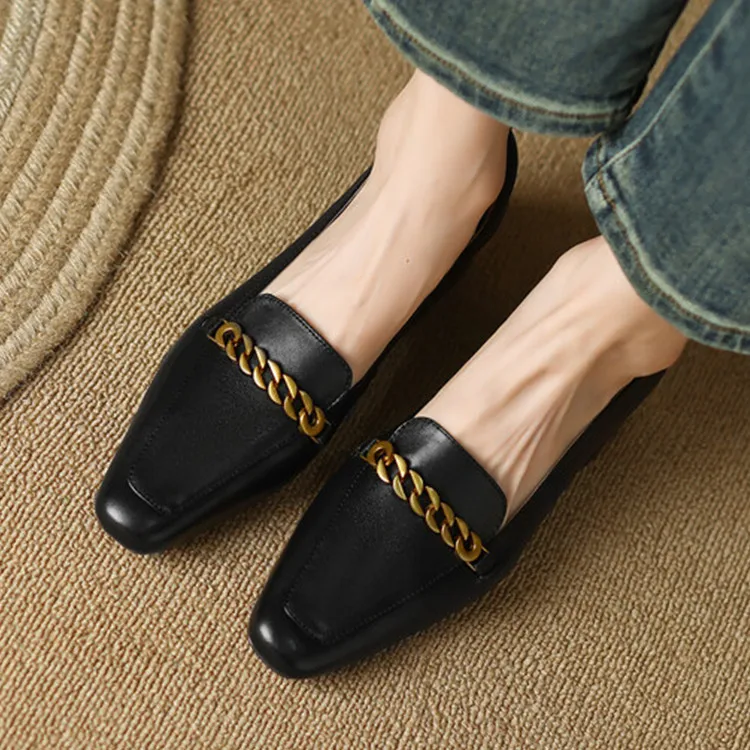 

Black Cow Leather Women Shallow Pumps Gold Chains Decor Single Dress Party Creepers Square Med Heels Chaussure Femmes Zapatillas