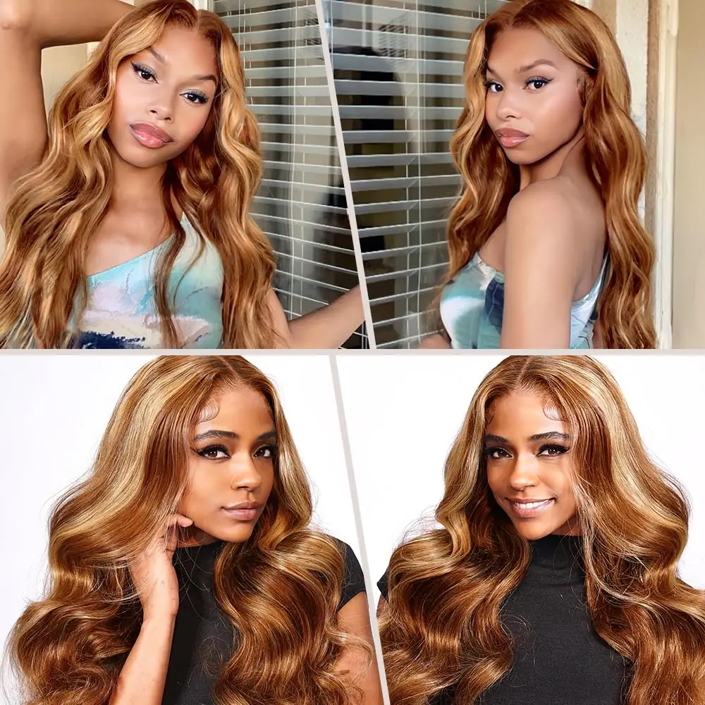 Pretty Diary-Honey Blonde Body Wave Lace Frontal Perucas para Mulheres, Destaque de Cabelo Humano, 4 27, 13x6