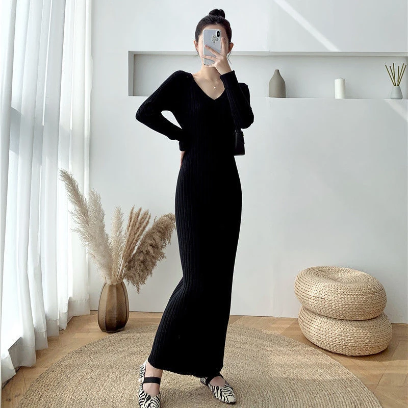 Korean Women Elegant Knitted Dress Solid Simple Slim Long Sleeve Ankle Length Dress Casual V Neck Office Ladies Chic Dress