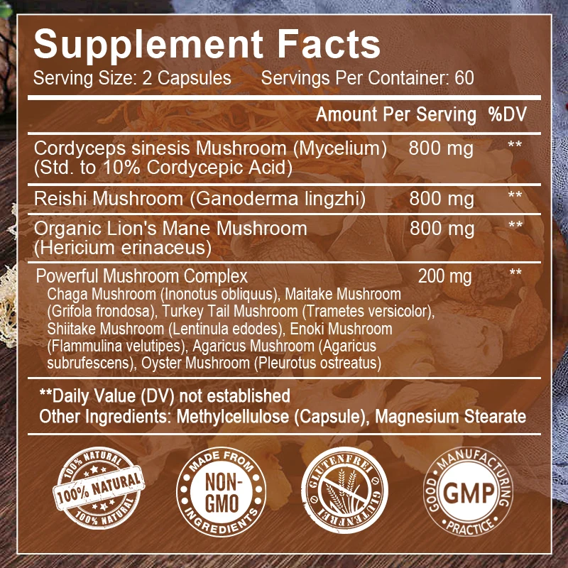 10 Mushroom Complex Capsules Coffee Substitute Energy & Immune Relieving Anxiety Support Mental Clarity & Focus