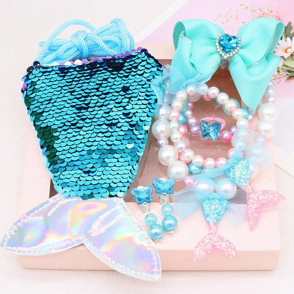 Baby Girls Mermaid Jewelry Kit Children Ariel Necklace Bracelet Shell Earrings Rings with Box Kids Birthday Gift Party Costume