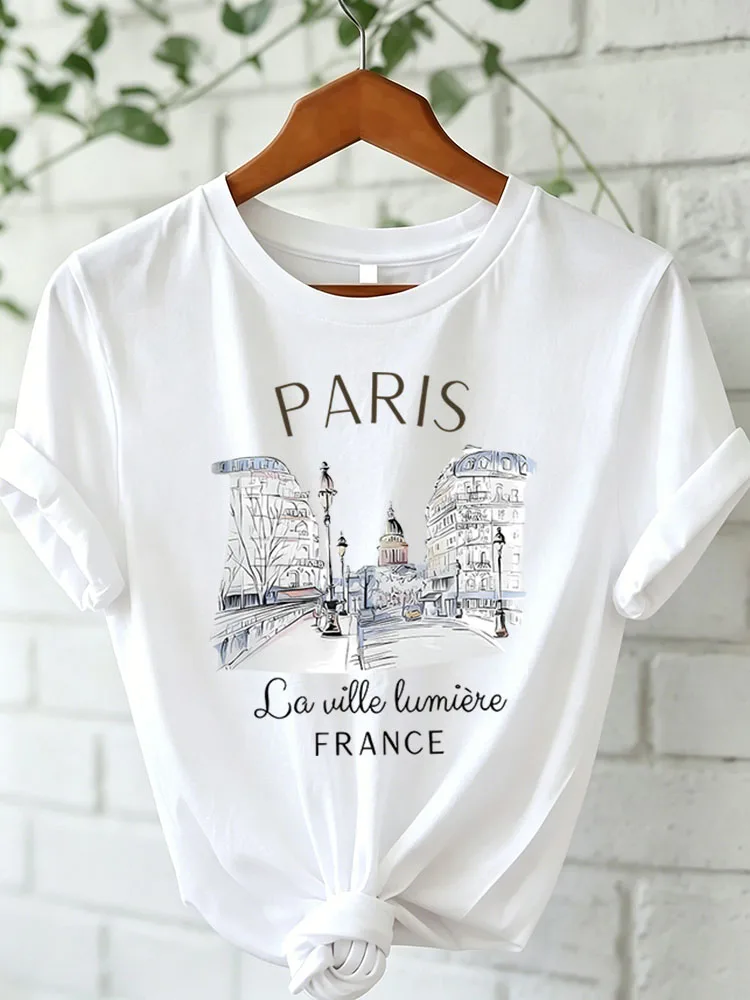 Asian Size 90s T Shirt Paris Women Print T-shirt Girl Short Sleeve Crew Neck Casual Top for Summer Spring Women's Clothing