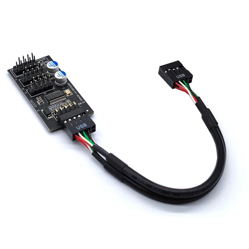 9Pin USB Hub Connector USB Splitter 1 to 3 USB2.0 9Pin Header Board + 30/60cm Cable for Water Cooling for RGB LED Fan Speed Test