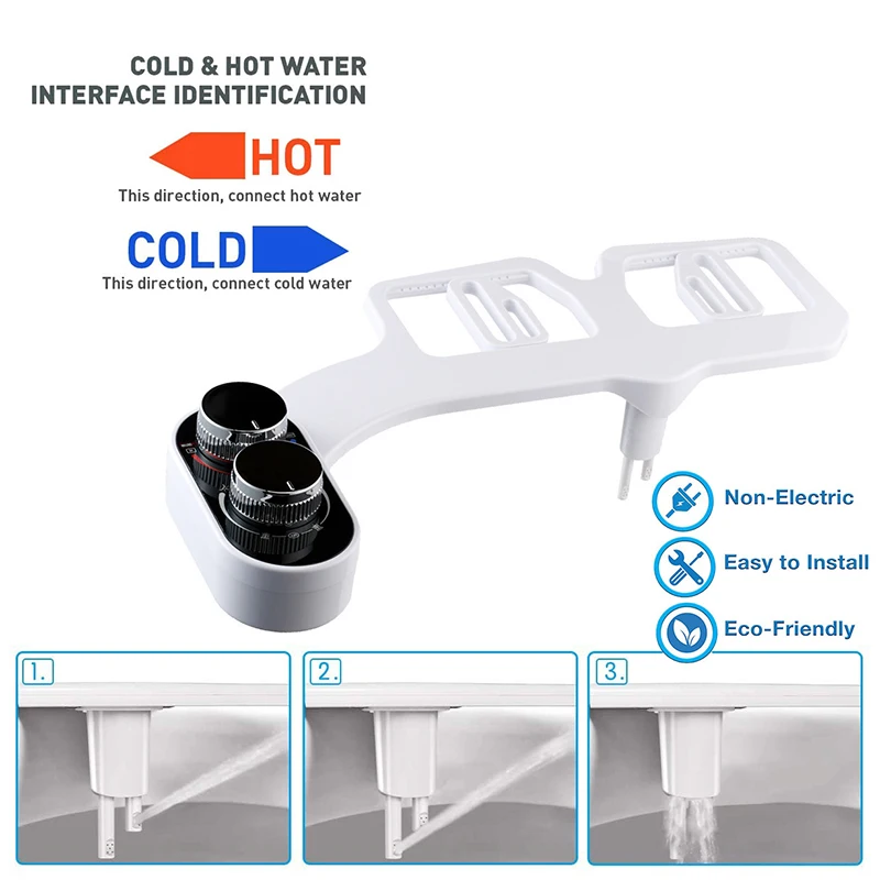 Non-Electric Smart Bidet Attachment Self Cleaning Double Nozzle Hot and Cold Water Adjustable Bidet Toilet Seat Attachment Body