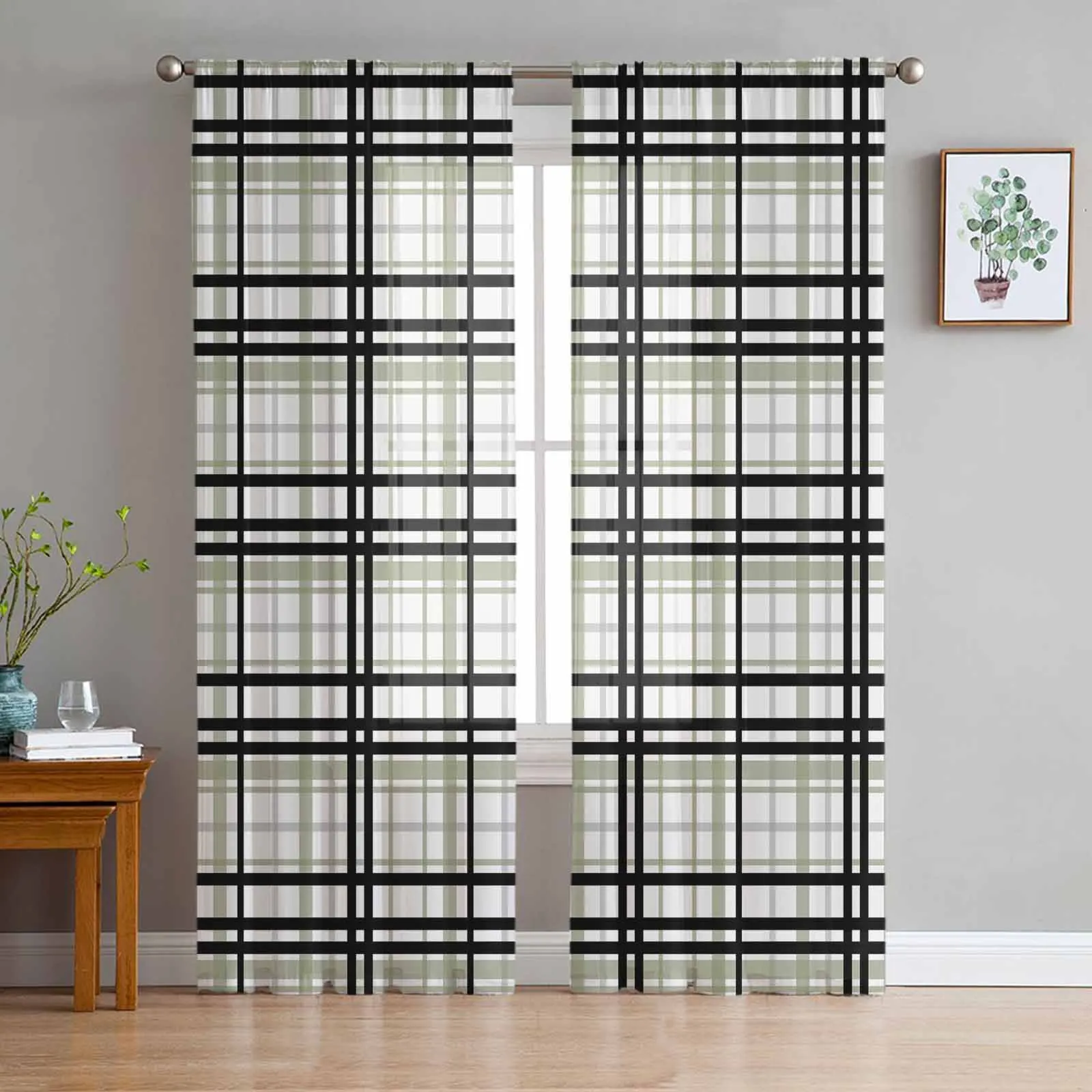 Black Sage Green Gray Striped Checkered Sheer Curtain Living Room Drapes Home Bedroom Voile Curtain Tulle Window Curtain