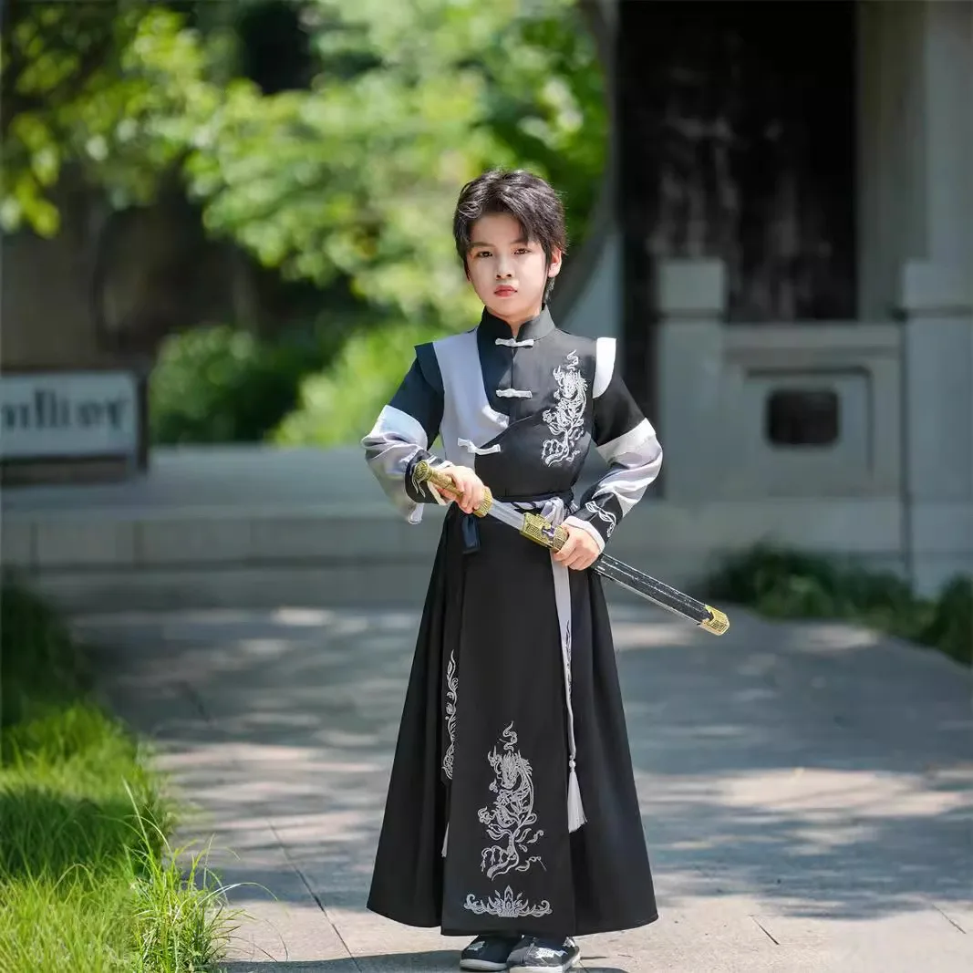 Retro Chinese Boys Traditional Knight-errant Style Perform Hanfu Stage Costume Kids Children Tang Suit Prince Swordsman Cosplay