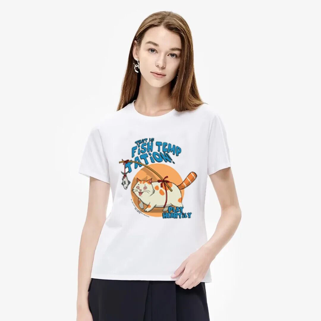 Fish Temp Tees Cute Cartoon Cat T-Shirt  Retro Women Pop Graphic T Shirt Women Tops Base O-neck Tees