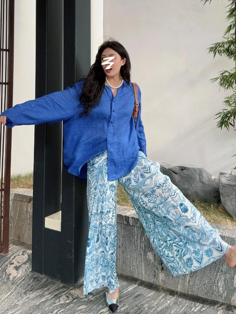 Loose Blue Floral Print Wide Leg Pants Women's Summer High Waist Pleated Casual Trousers Flattering plus Size Korean Style