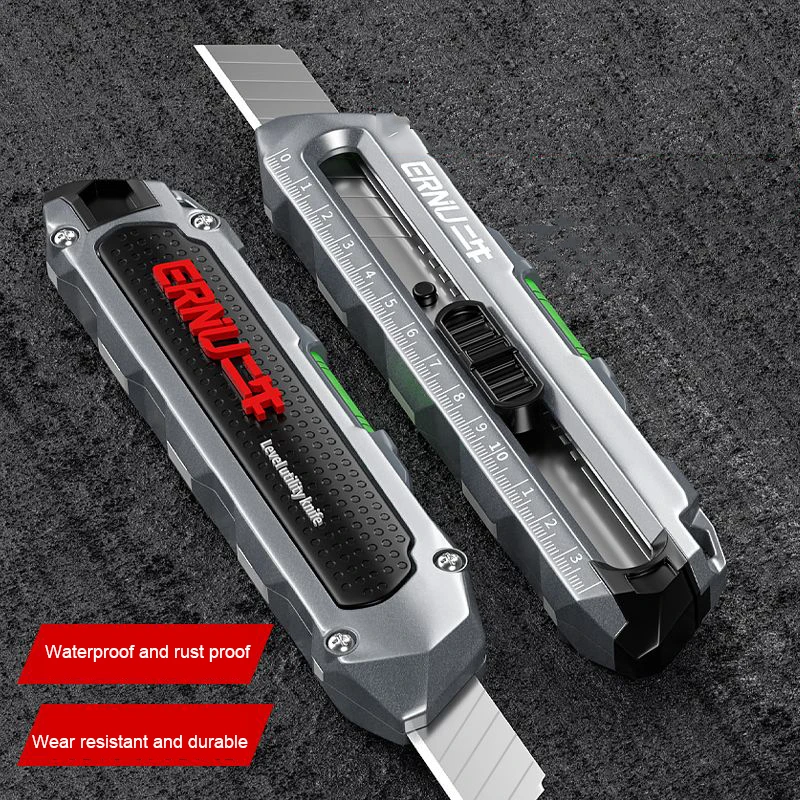 Multipurpose Utility Knife, Heavy Duty Metal Box Cutter, SK5 Blade, Safety Lock Design, Medição de corte, Cartão de papelão, 18mm