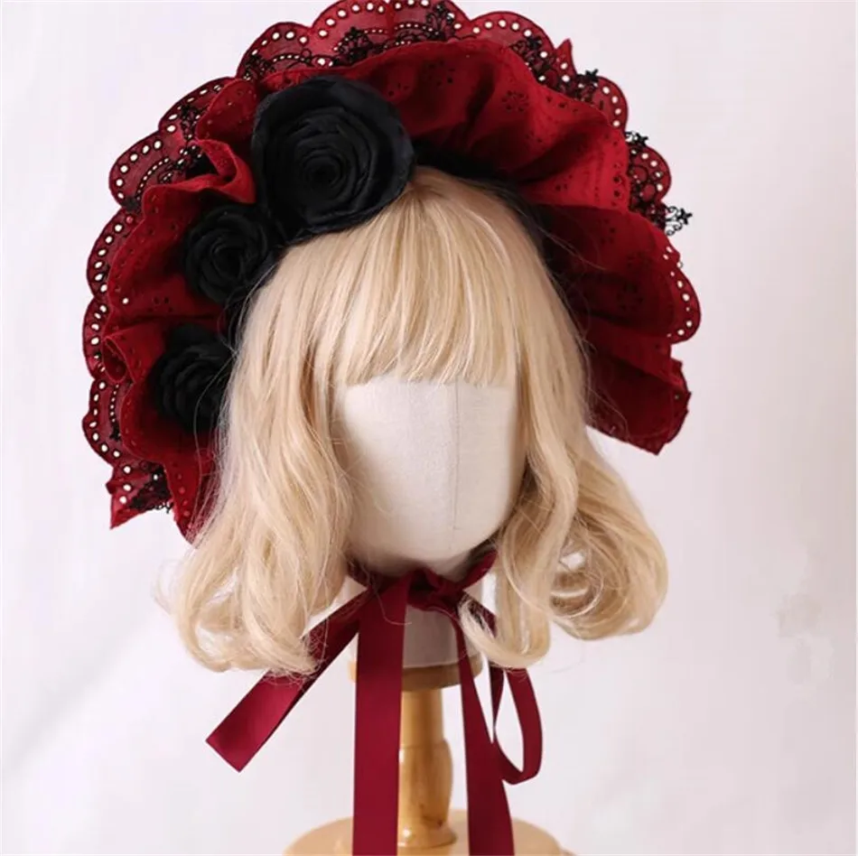 Шляпа в готическом стиле с бантом BNT, красная, Черная кружевная бандажная шляпа в стиле «Лолита», головной убор для девушек B2595