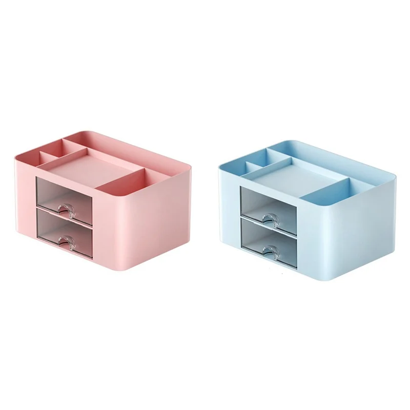 2 pçs rosa + azul simples transparente gaveta caixa de armazenamento crianças estudante escritório desktop ornamentos caneta titular durável