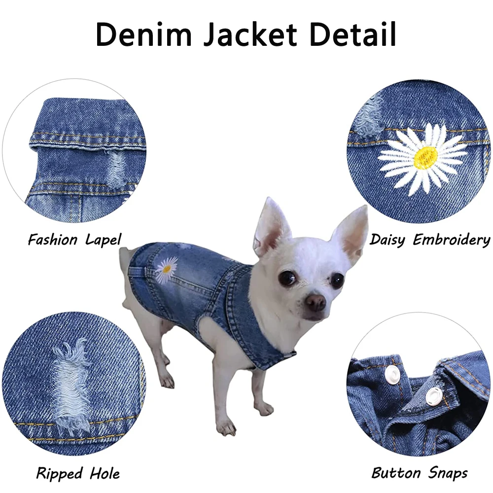 Daisy Embroidery Luxury Dog Clothes for Small Medium Dogs Vintage Washed Dog Jeans Jacket Pet Sleeveless Vest Denim Coat Outfits