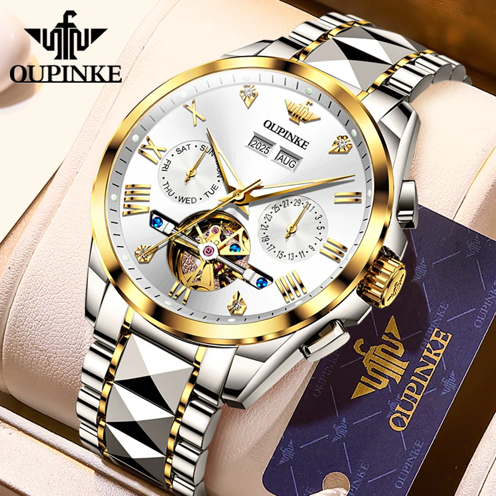 OUPINKE 3240 Top Brand Luxury Hollow Mechanical Watch For Men Auto Date Deep Waterproof Wristwatch Roman Scale Man Dress Watch