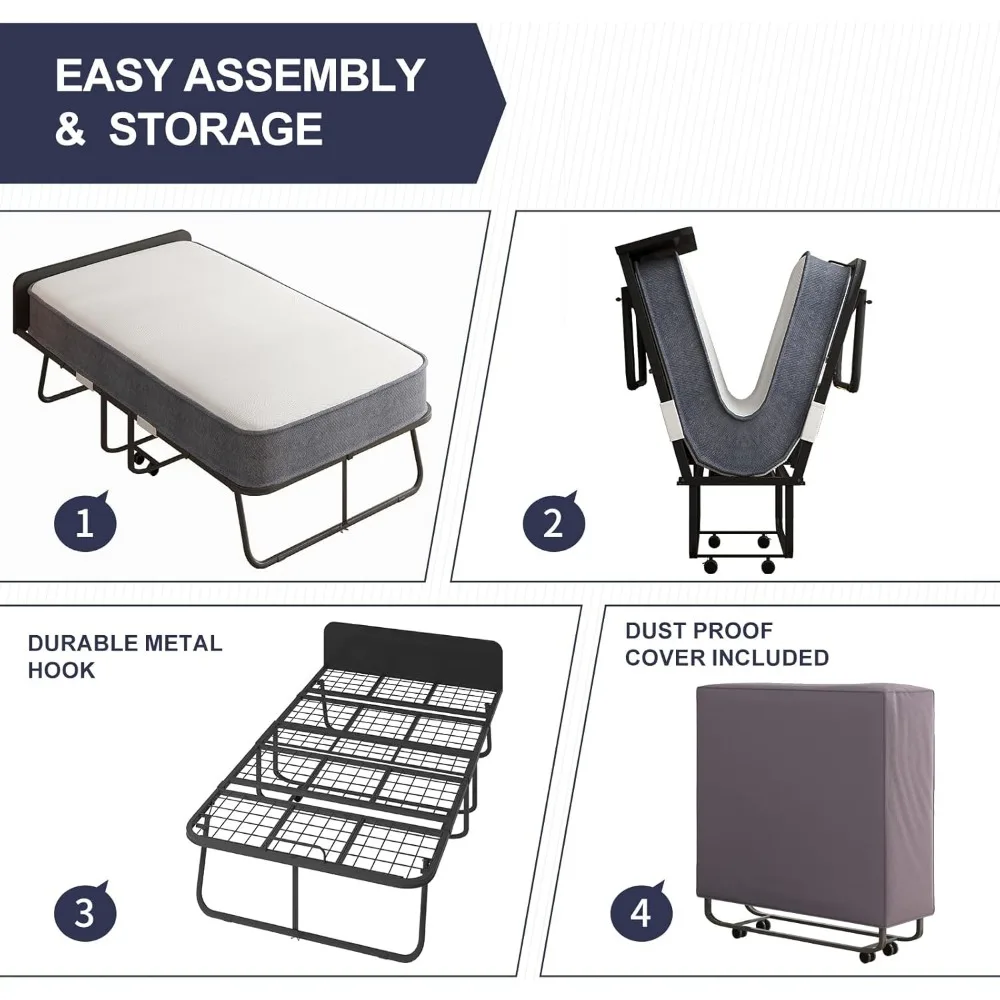 Folding Bed, Rollaway Bed with 5" Mattress for Adults, Twin Size Portable Bed with Headboard, Space-Saving Fold Up Guest Bed, Fo