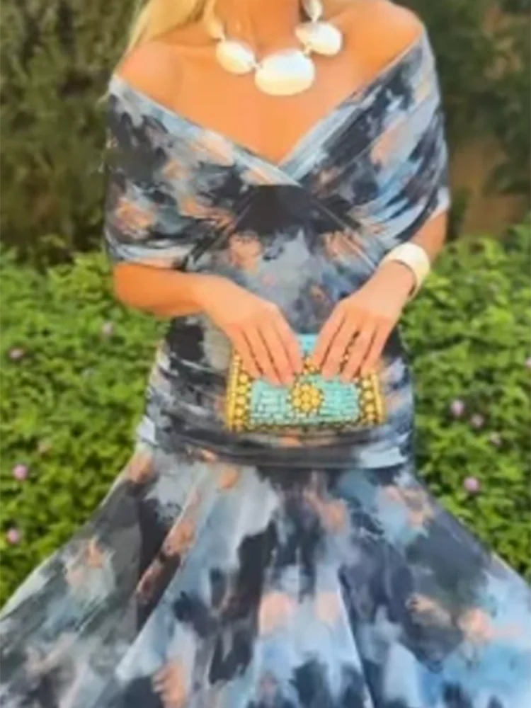 캐주얼 숄 슬리브 하이웨이스트 플리츠 드레스 여름 신상 여성 메쉬 연회복 섹시 V넥 오프숄더 플로럴 프린트 드레스