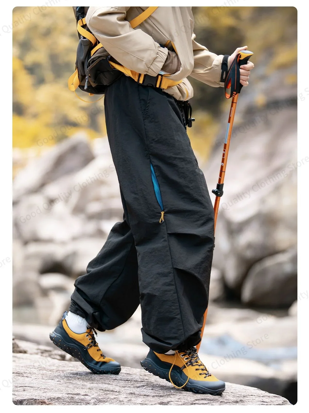 Arbeitsfreudige, wasserabweisende Outdoor-Overalls für Herren, Herbst, lange Hosen mit Schlitz und Falten, Kontrastfarben, Reißverschluss, Sport- und Freizeithose – Detail 8