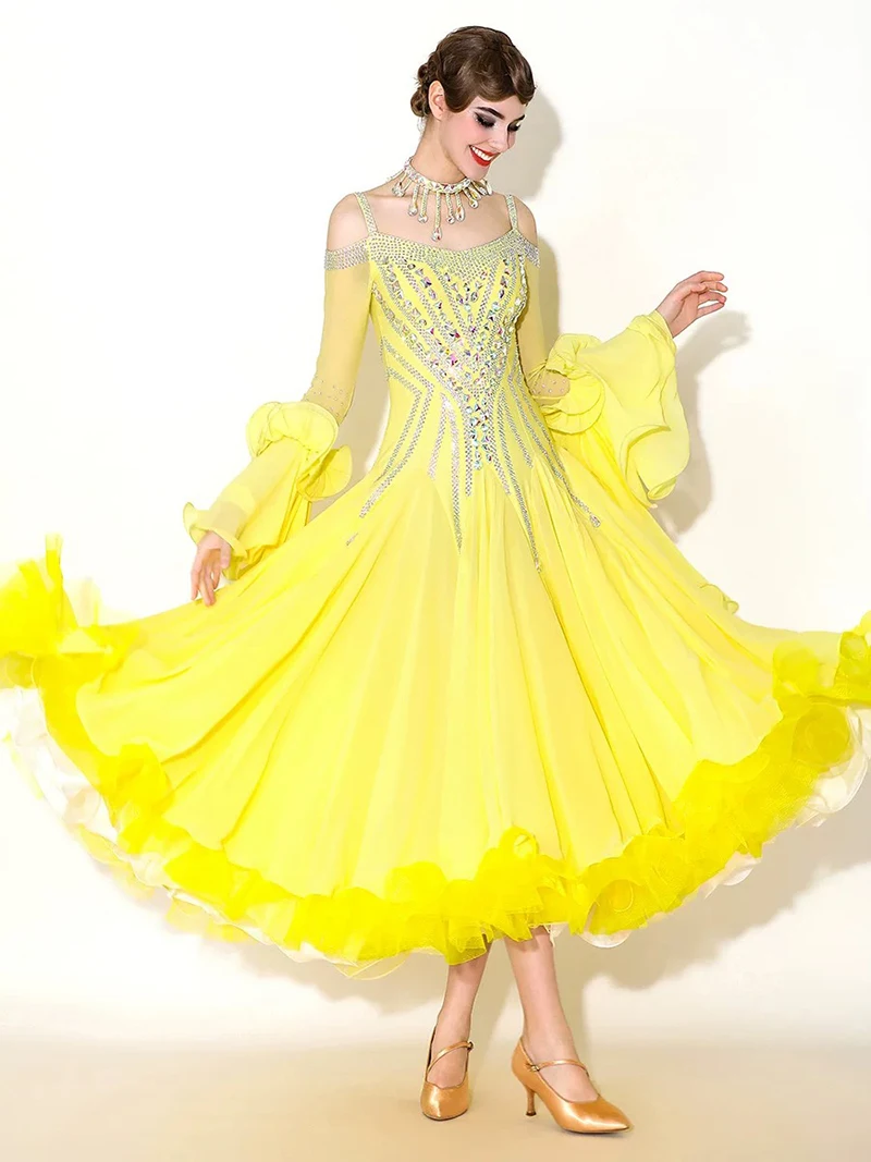 

Платья для бальных танцев, женские высококачественные ярко-желтые стандартные юбки для бальных танцев, бальное платье для вальса для взрослых