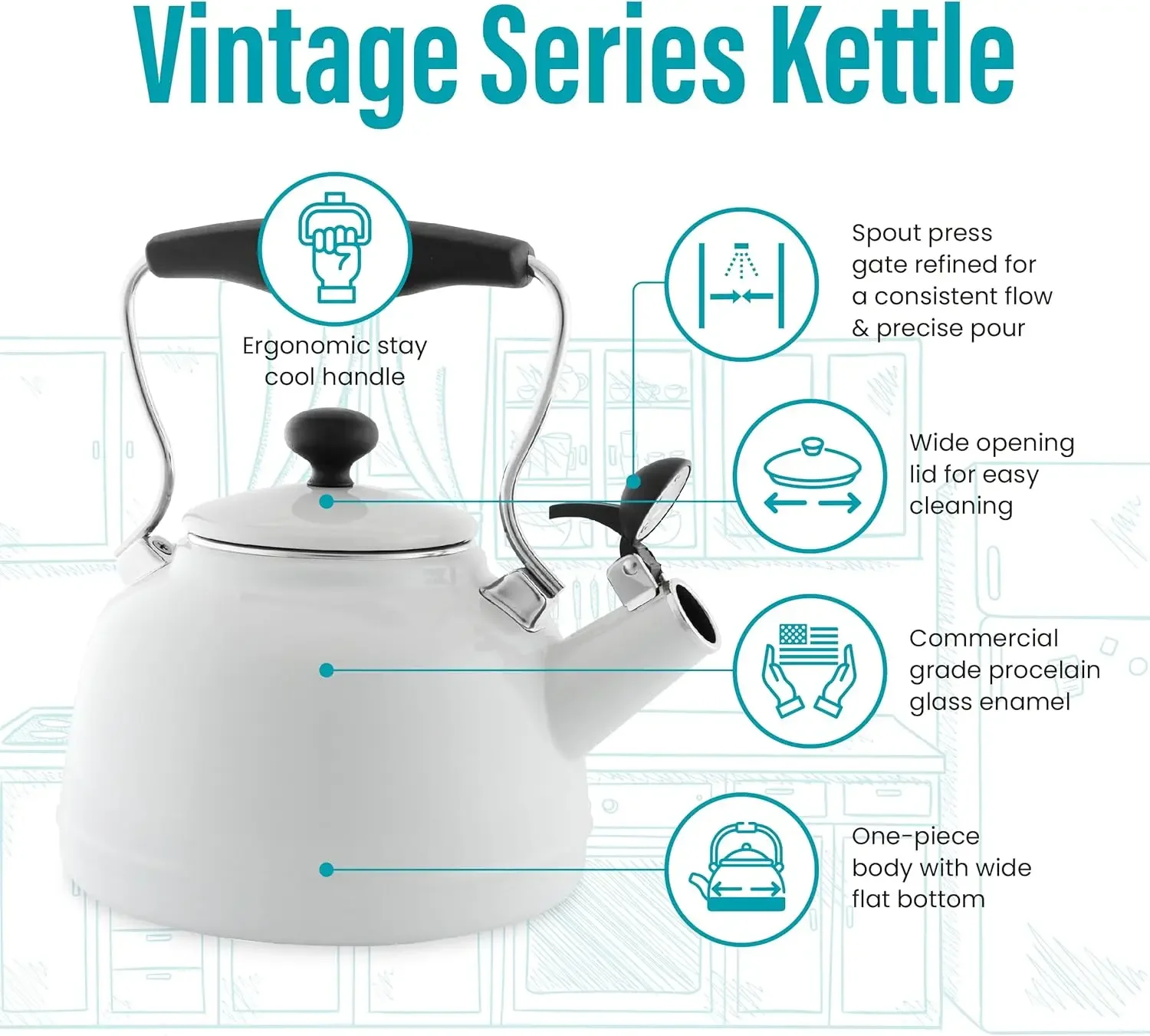 Tea Kettle, 1.7 QT, Vintage Series, Premium Enamel on Carbon Steel, Whistling, Even Heating & Quick Boil (White)