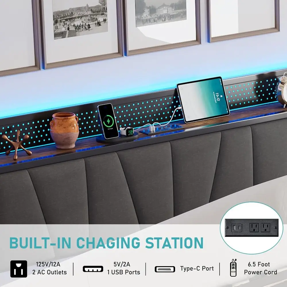 إطار سرير تخزين بحجم كينج مع إضاءة LED ولوح رأسي من الكتان المنجد يتميز بمحطة شحن وإضاءة LED خشبية Pla