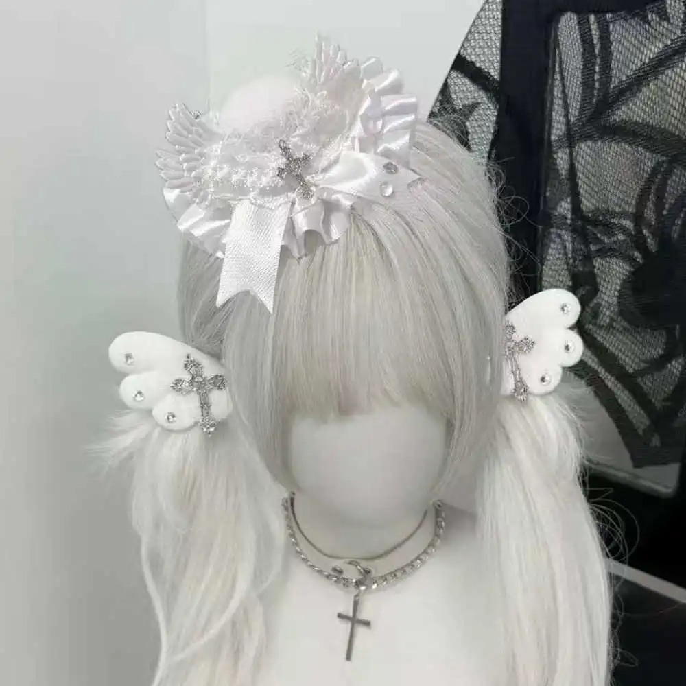 

White Healing Angel Tear Wing Landmine Cross Mini Flat Hat Hair Clip Lolita Subculture Headwear Hairpin Hair Decoration Lace Hat