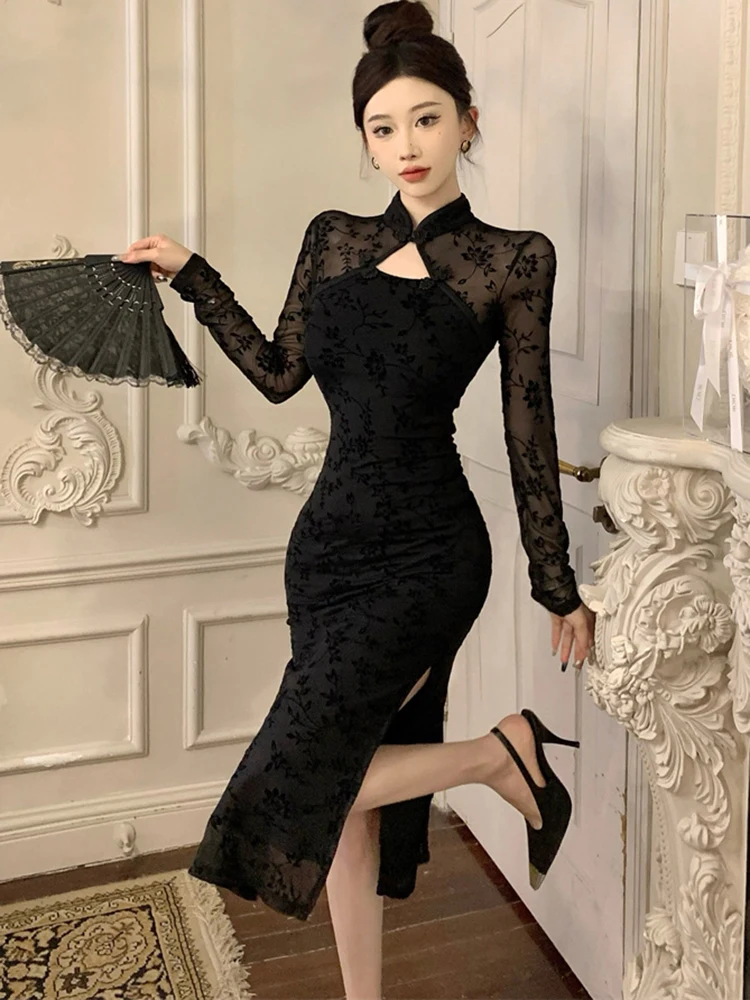 Autumn Winter Black Floral Patchwork Mesh Sheer Sexy Long Dress Women Korean Vintage Hepburn Dress 2024 Elegant Luxury Vestidos