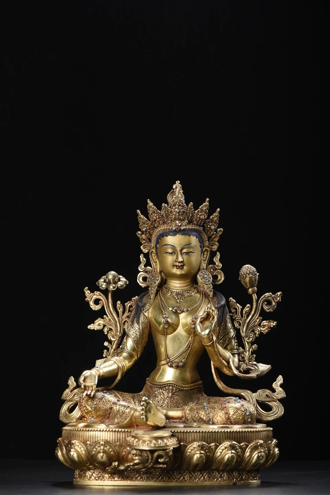 

13"Tibetan Temple Collection Old Bronze Cinnabar Gilded True Gold Mosaic Gem White Tara Sitting Buddha Worship Hall Town house