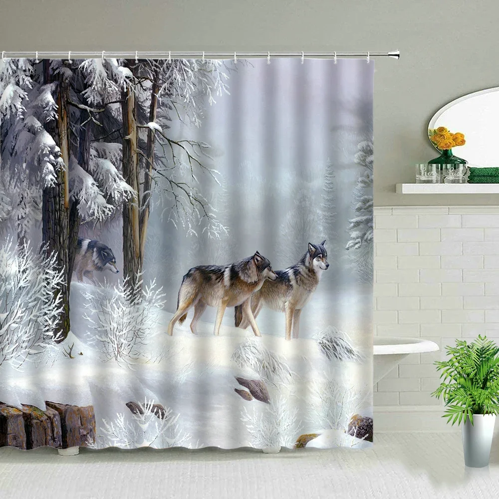 Wolf Couple Print Shower Curtain Animal Beast Bathroom Decor Waterproof Polyester Fabric Bathtub Partition Cloth Curtains