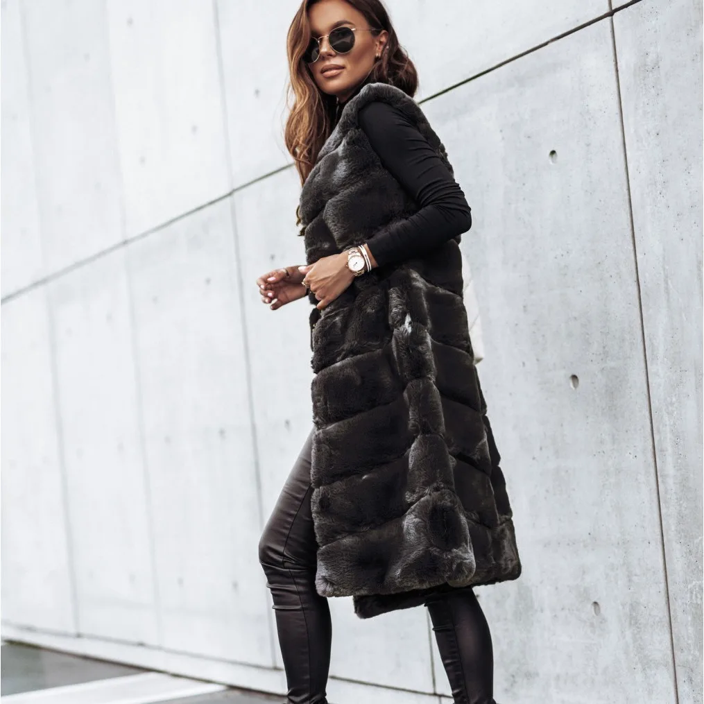 Women's Long Fur Vest round Neck Cross-Border Autumn Winter Fashionable Outerwear Comfortable Breathable Cotton Standard Fit