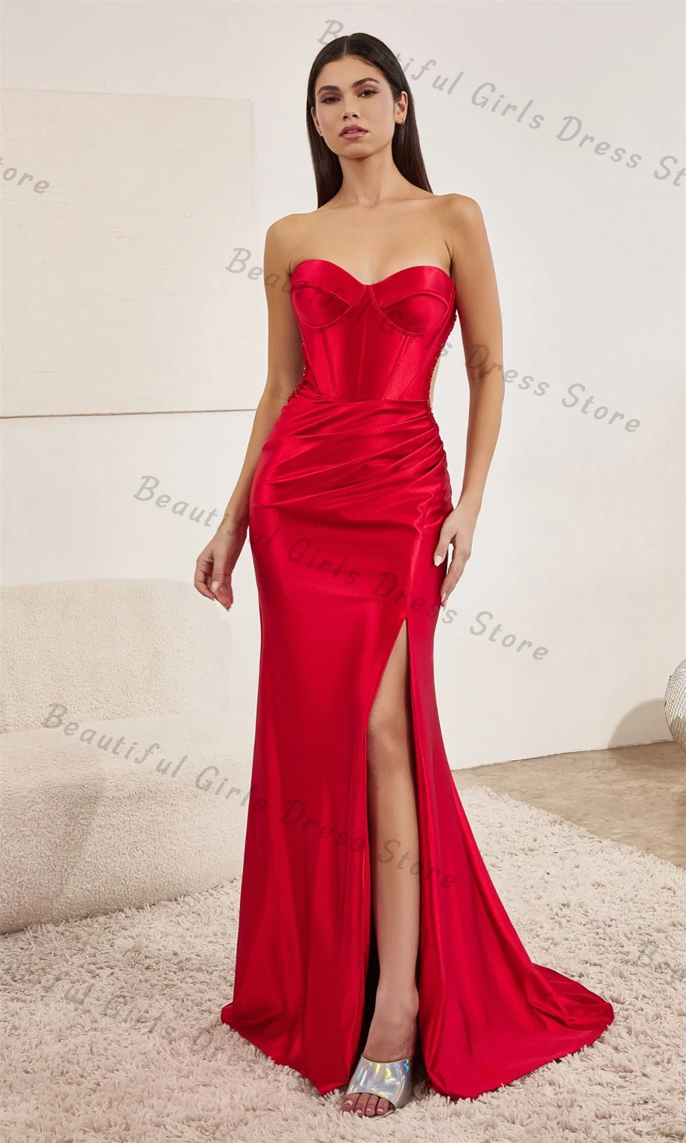 

Sexy Satin Spaghetti Straps Sweetheart Mermaid Prom Dresses With Split Backless Sequins Evening Gowns Sleeveless Long Ball Party