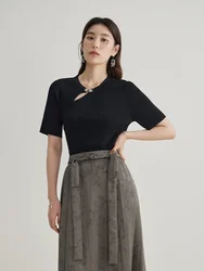 DUSHU Women Summer Knitted T-Shirt Black Short Sleeve Knitwear Three-dimensional Butterfly Button Design Shirts Top 24DS82587