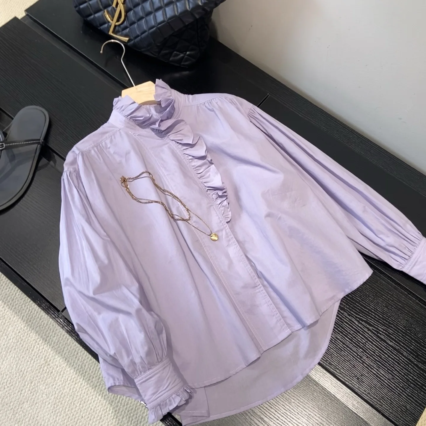 

Универсальная светло-фиолетовая женская рубашка с длинным рукавом и кружевной отделкой, из хлопка, летняя коллекция, элегантная и модная