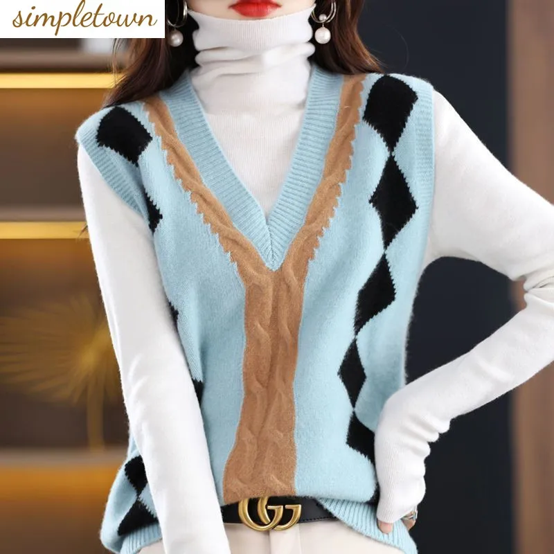 

2023 Autumn/Winter New Fashion Casual Tank Top Women's Contrast V-neck Sleeveless Sweater Loose Reduced Age Knitted Top