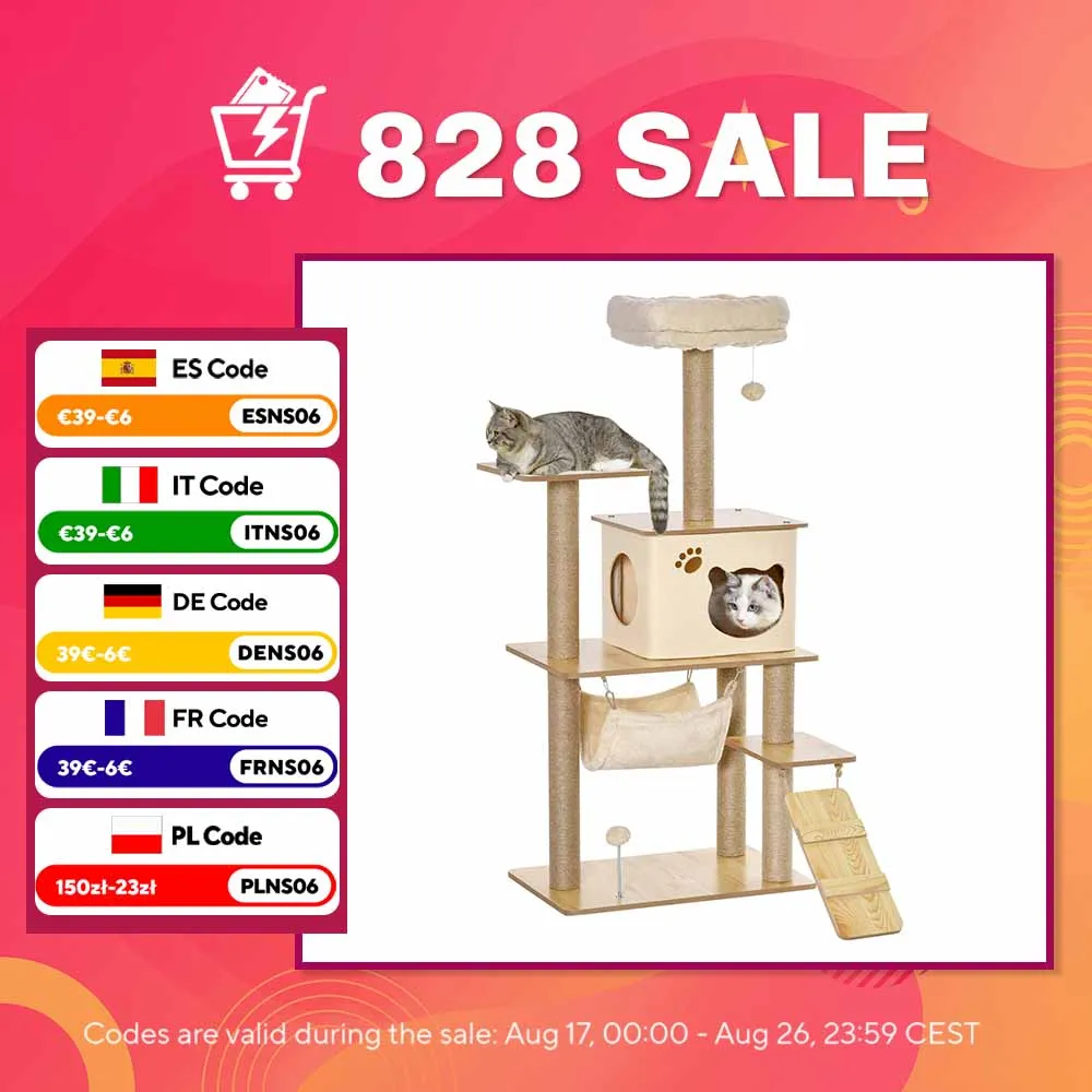 PawHut Arbre à chat hauteur 130 cm, tour de jeux pour chat, platesformes, niche, lit, hamac, échelle et 2 balles en peluche, griffoirs en jute, plusieux niveaux, jaune