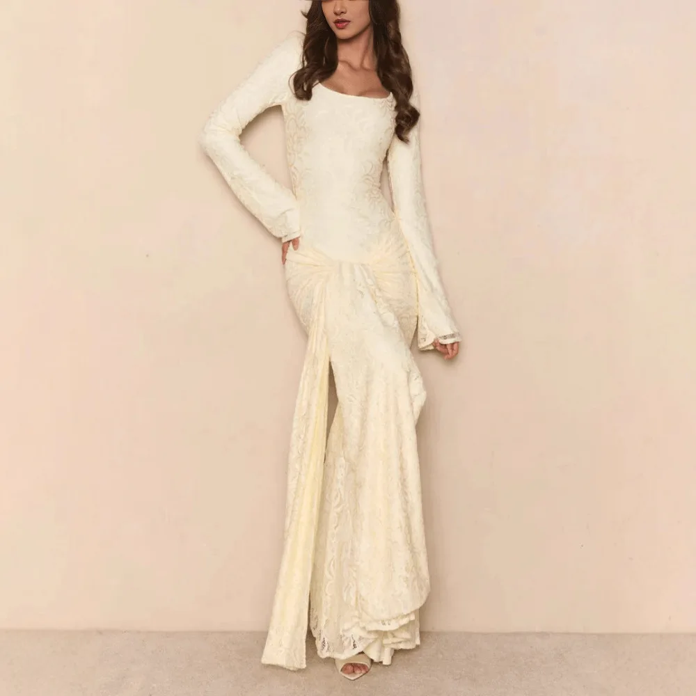 Nouvelle robe à manches longues pour femmes européennes et américaines, tempérament streamer en dentelle, robe longue ajustée pour femmes