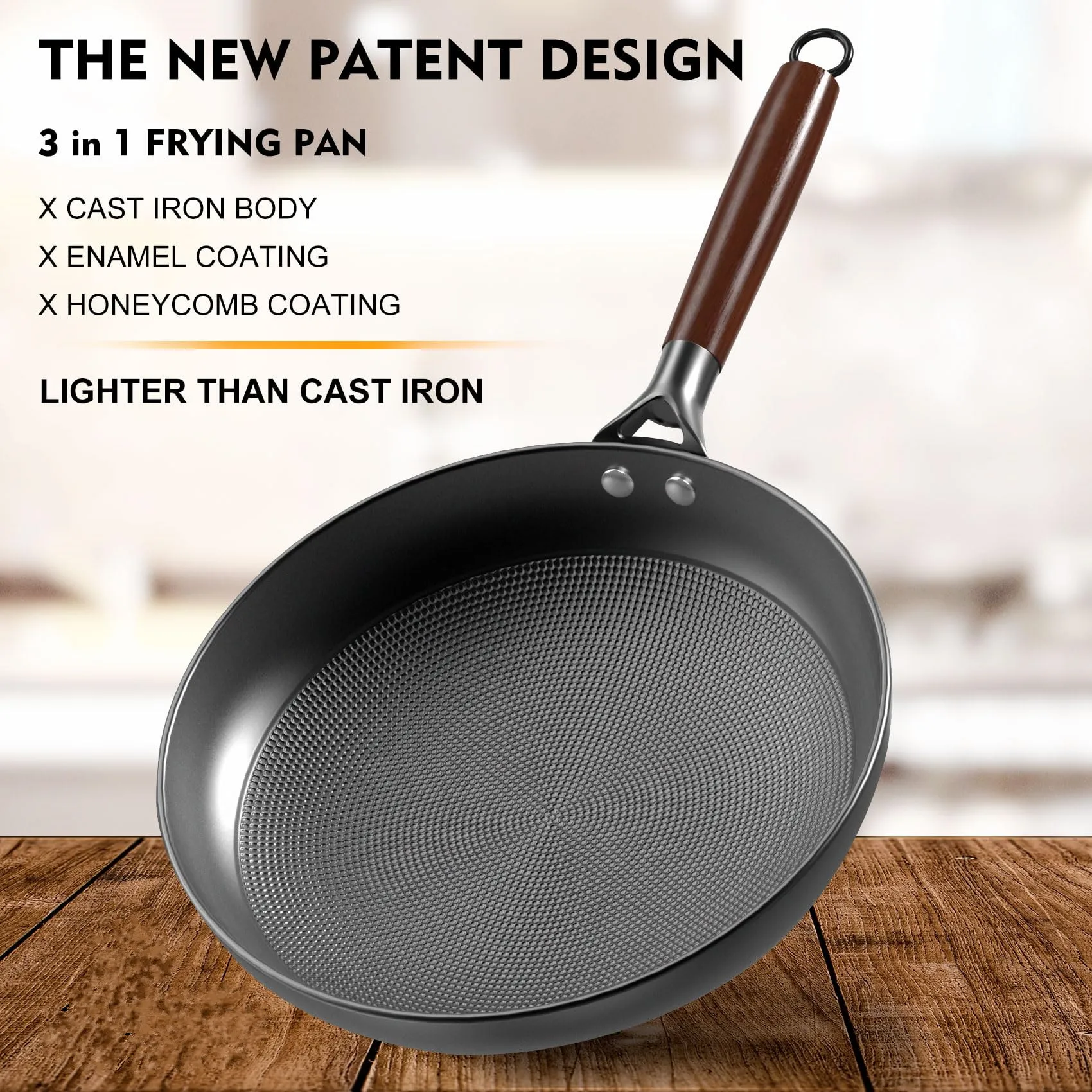 Non Stick Frying Pans 10'' Cast Iron Skillet 3 in 1 Oil-locking Honeycomb Nonstick Cast Iron Pan Oven Safe with Removable Handle