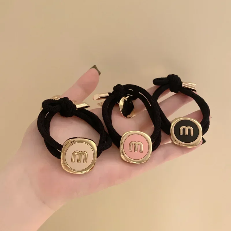 M Letter Thin Hair Rope High Elastic Double Layer Hair Accessories Ponytail Fixed Hair Ornament Circular Metal Pendant Headwear