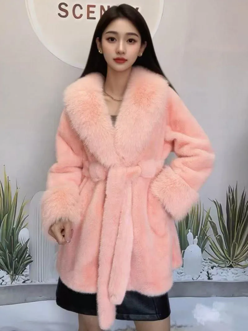 ZADORIN Luxury Chic Faux Mink Coat Elegant Fur Collar Belted Mid Long Black Faux Fur Coat Woman Clothes Fluffy Jacket Fur Coats