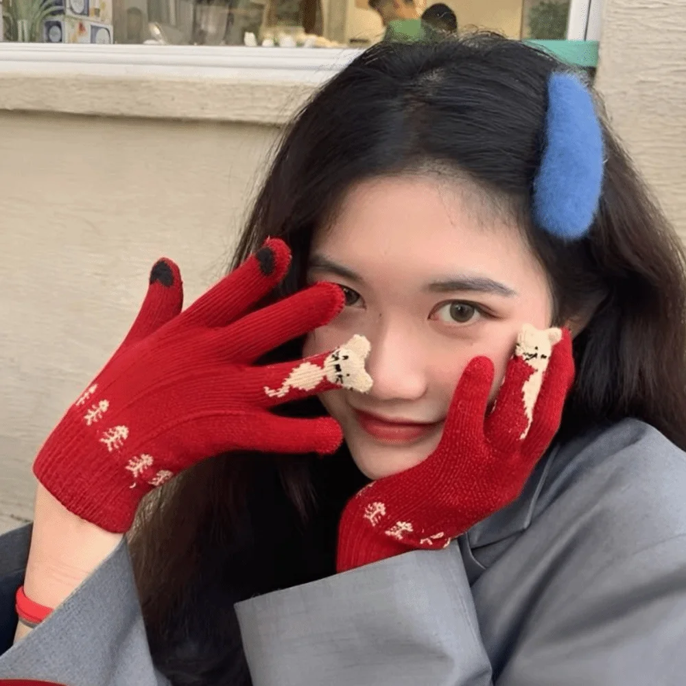 Warm Warm Lining Touch Screen Knitted Gloves Stretchy Kitty Pattern Full Finger Gloves Winter Thermal Gloves Daily Wear