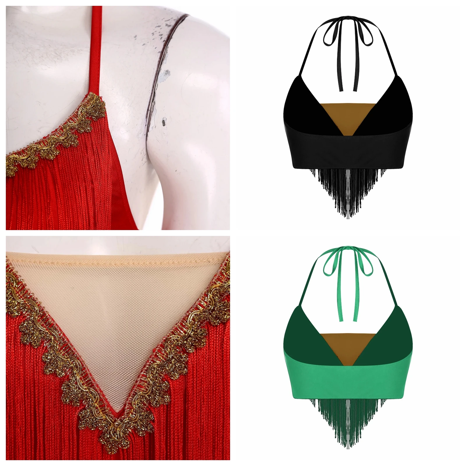 

Womens Belly Dance Fringed Outfit Lace-up Halter Crop TopTiered Tassel Irregular Slit Skirt for Stage Dress-up Party Costumes
