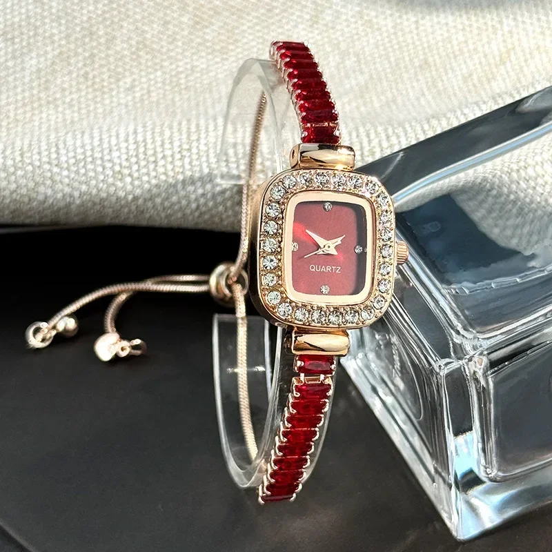 women's inlaid zircon flexible pull out bracelet with diamond square alloy case rhinestone scale simple dial quartz watch