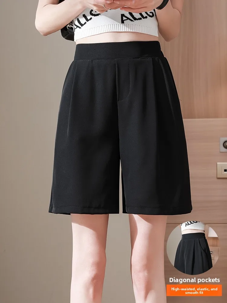 

Ice Silk Wide Leg Five-Point Shorts Women's High Waist plus Size Slimming Concealing Shorts Casual Loose Mid-Length Seven-Nin...