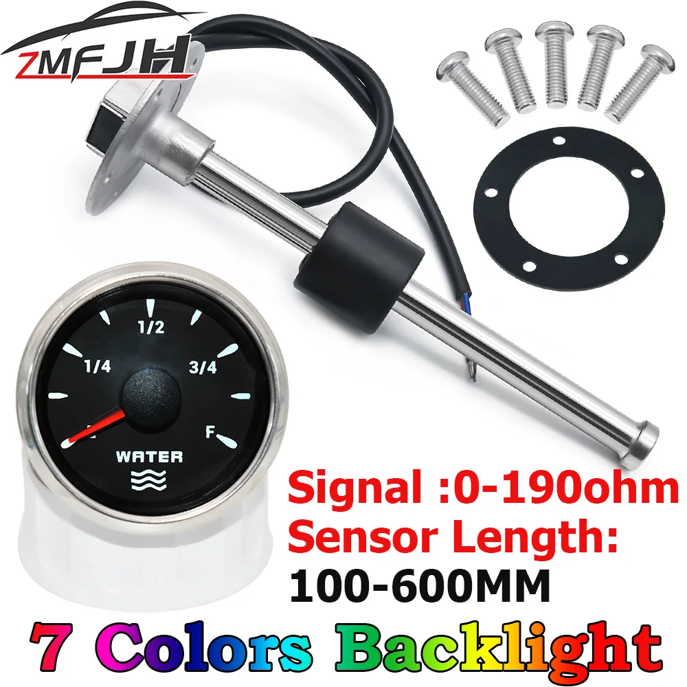 AD 7 Color Backlight 52mm Water Level Gauge + Water Level Sensor 0~190 Ohm Water Level Indicator Meter Fit For Car Boat Marine