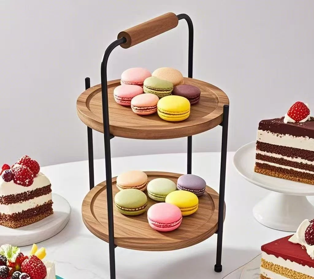 Portable Wooden Dessert Display Rack Birthday Party Double Cake Rack Afternoon Tea Fruit Snack Display Rack