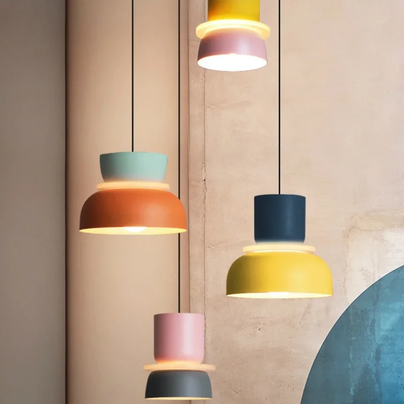 Modern Macaron Led Pendant Lamp Colorful Iron Hanging Suspension Study Bar Dining Bedside Bedroom Dimmable Chandelier Lighting