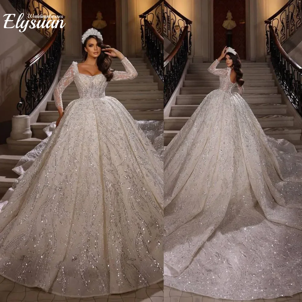 تخصيص سباركلي الكرة ثوب الزفاف مثير الترتر مطرز 3D الدانتيل كم طويل العربية السعودية زي العرائس Vestido De Noiva