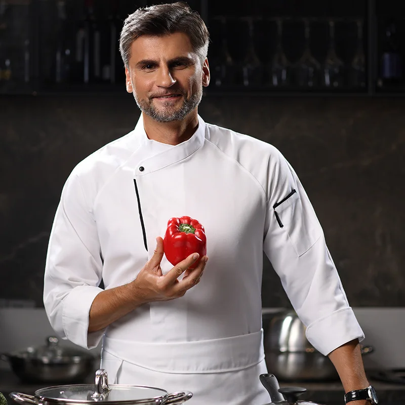 

New side-trimmed black chef uniform for men and women, long-sleeved workwear for chefs in restaurants, hotels, and canteens