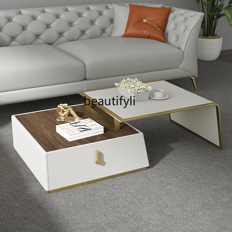 

Italian light luxury coffee table household simple and modern size solid wood minimalist retractable coffee table