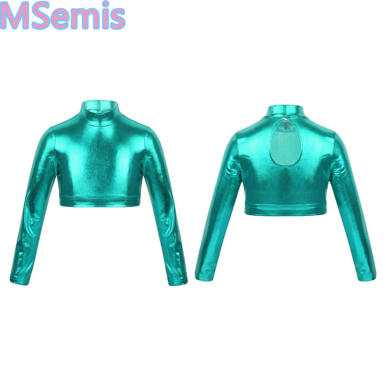 

Kids Girls Glossy Metallic Tops Long Sleeves Mock Neck Crop Top for Dancing Stage Performance