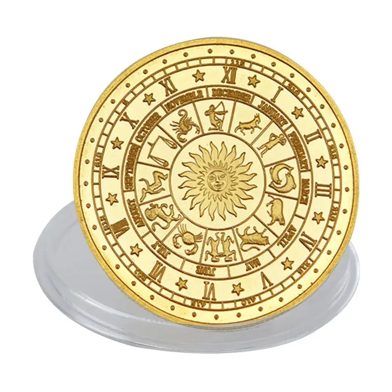 Twelve Constellations coins Gold Embossed Cancer Commemorative Coin Love Mermaid Sun God Coin box Home Decoration Accessories