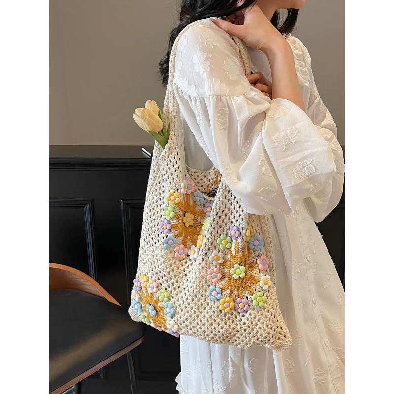 New autumn style forest-themed fresh hollow-out knitted bag for women, suitable for beach vacations, shoulder bag